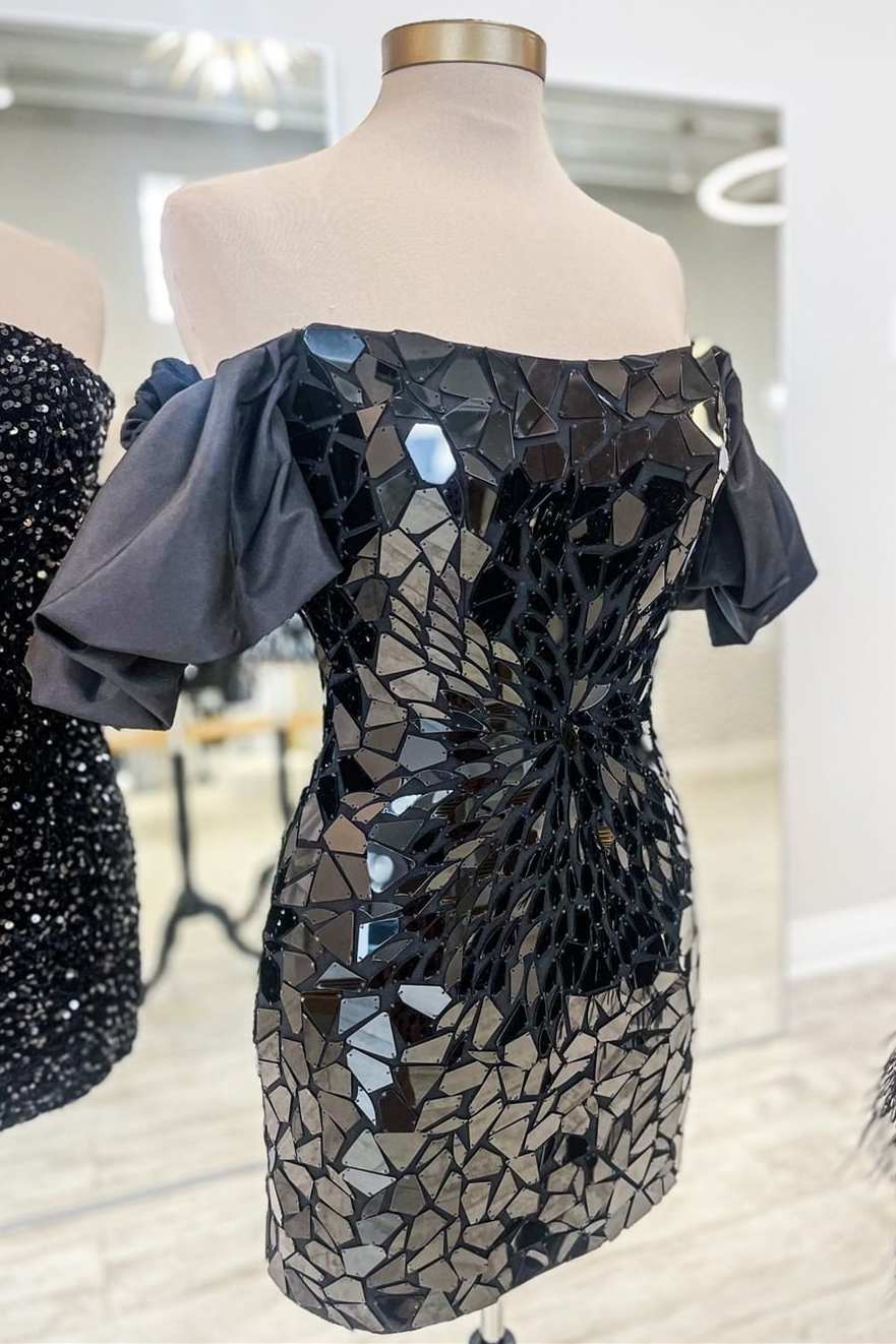 Cindy | Black Cut Glass Mirror Off-the-Shoulder Short Party Dress