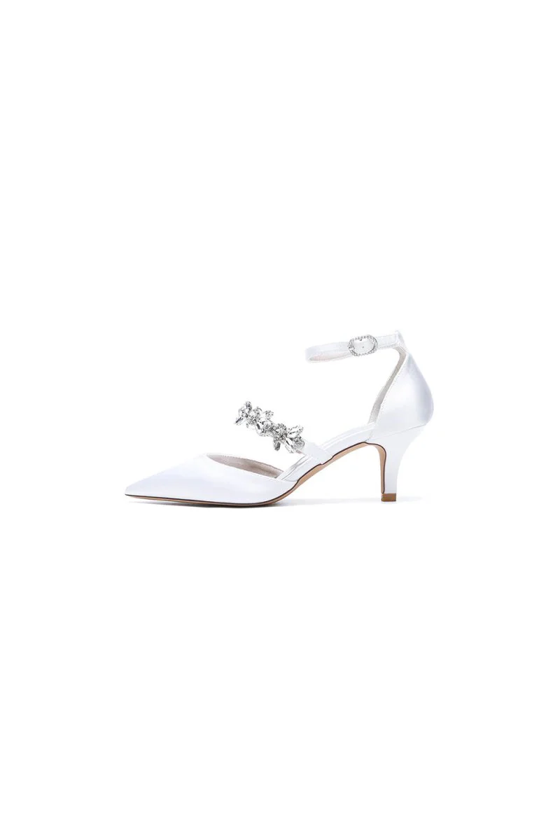 Crystal Strap Pointed Toe Satin Kitten Heels