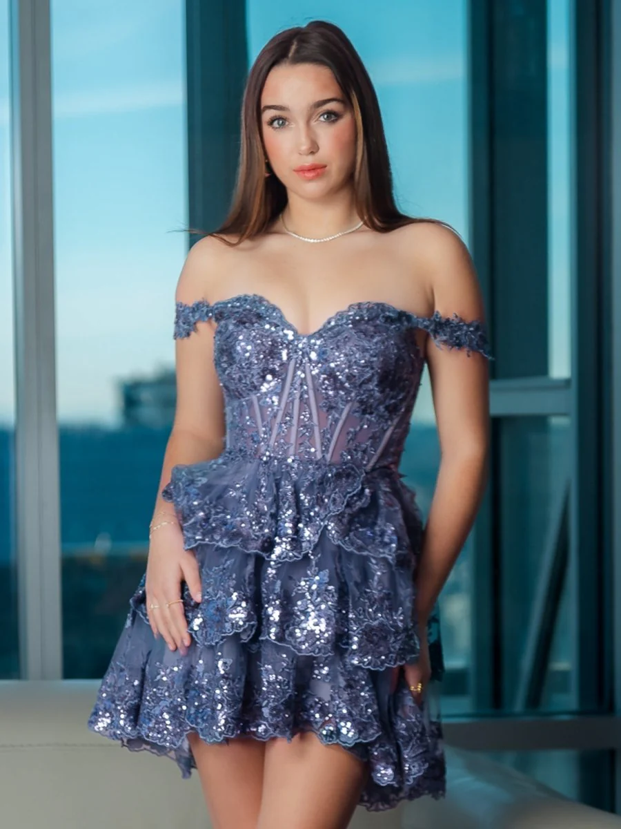 Everly | A-Line Sweetheart Tiered Navy Blue Short Homecoming Dress
