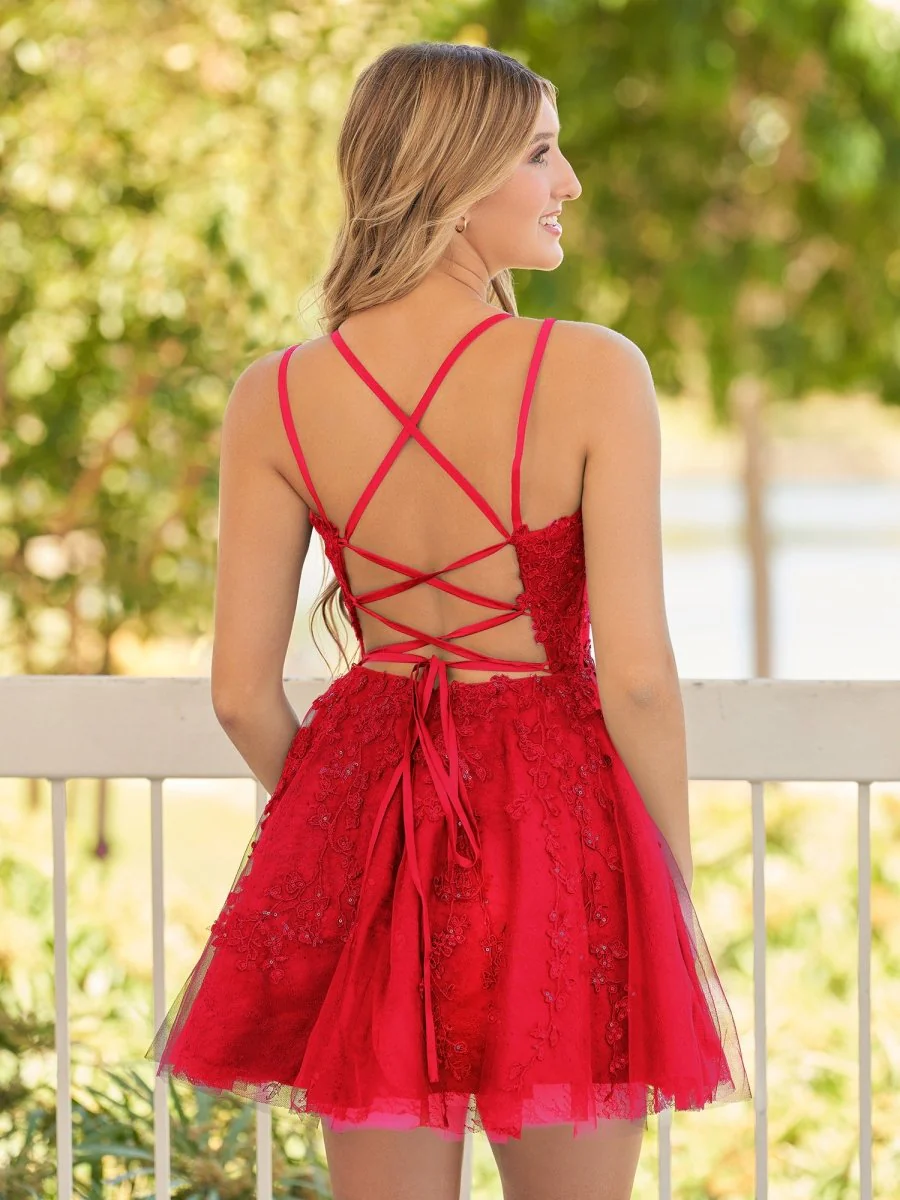Elara | A-Line Lace Spaghetti-Straps Black short Homecoming Dress