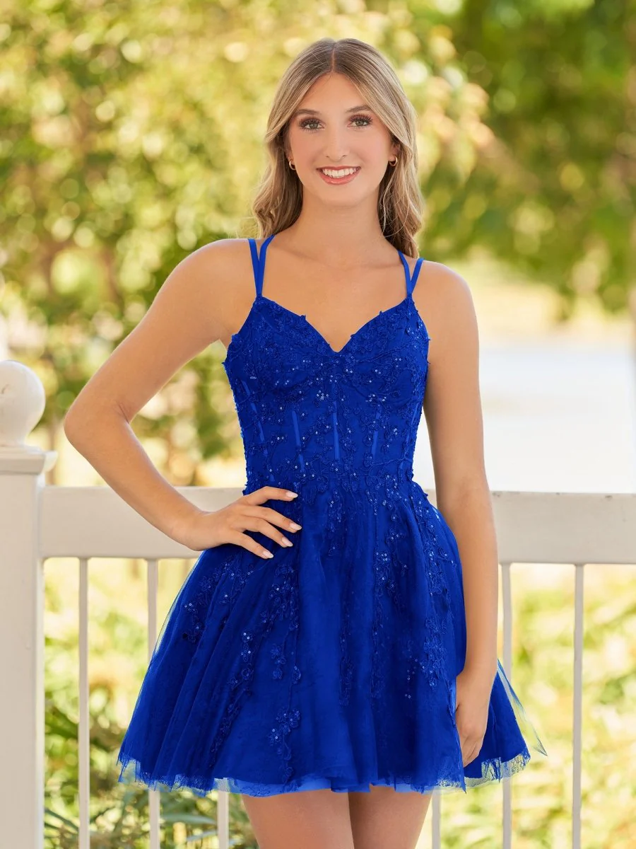Elara | A-Line Lace Spaghetti-Straps Black short Homecoming Dress