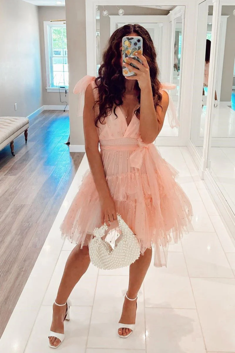 Lennon | Blush Tulle A-Line Homecoming Dress with Pearls