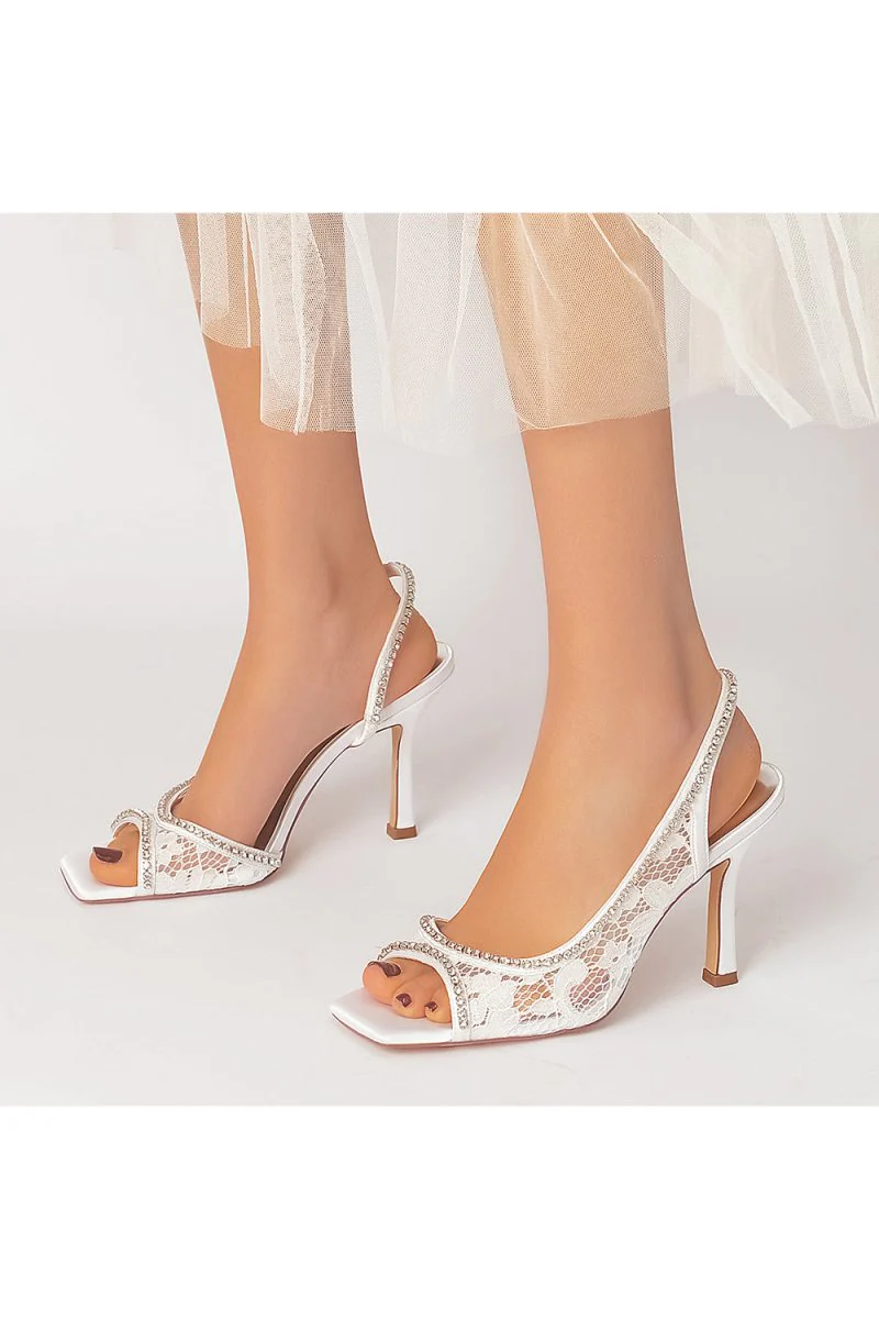 Square PeepToe Beaded Lace Wedding Shoes