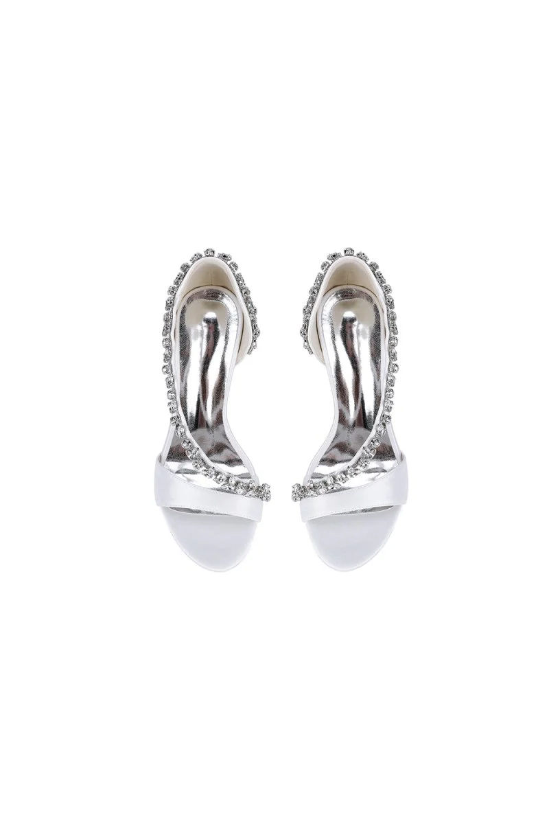 White Satin High Heels with Crystal and Chain Embellishments