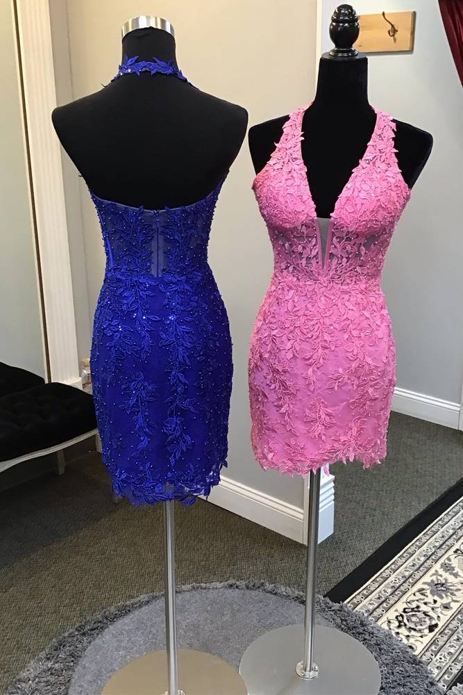 Cierra | Fitted Halter Appliques Short Homecoming Dress