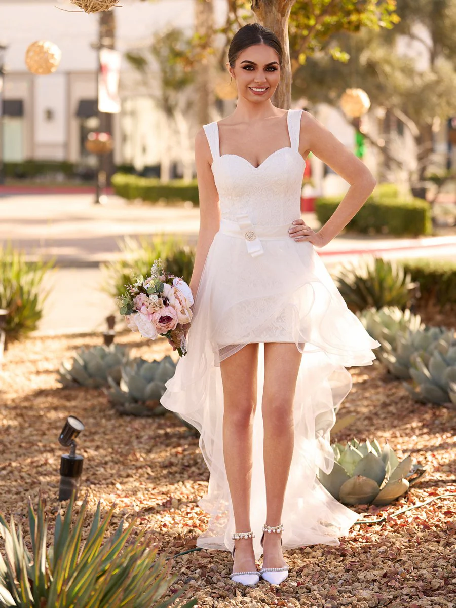 Beach Short Sweetheart Detachable Lace Wedding Dress With Tied Back