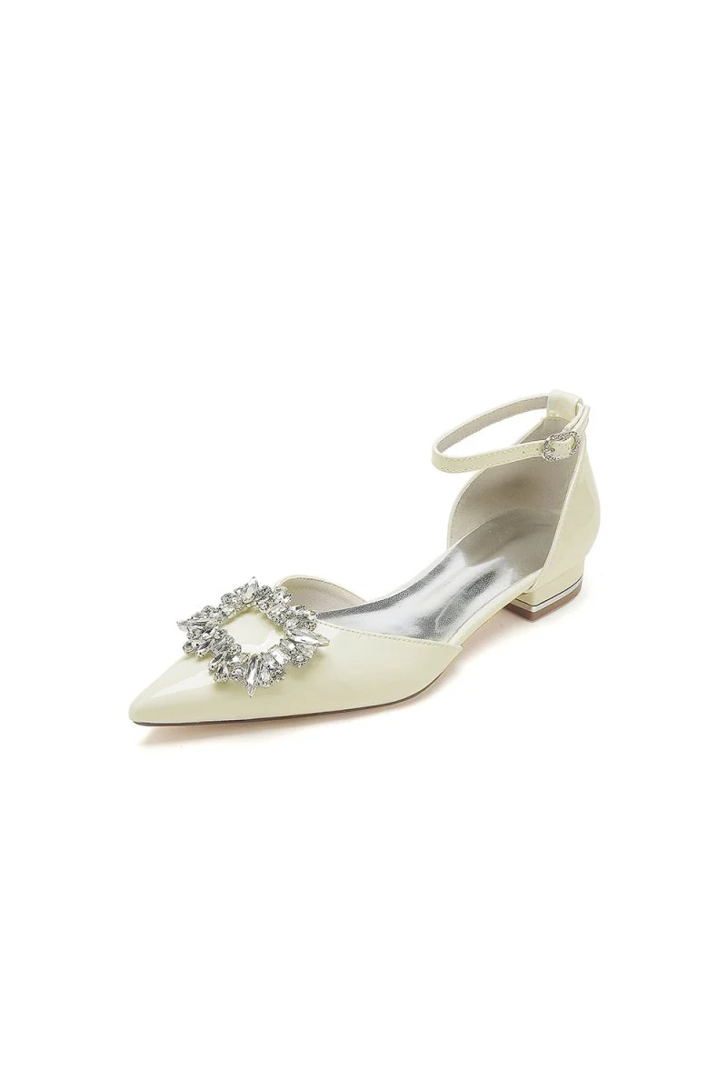 Pointed Toe Patent Leather Flats with Crystal Embellishment