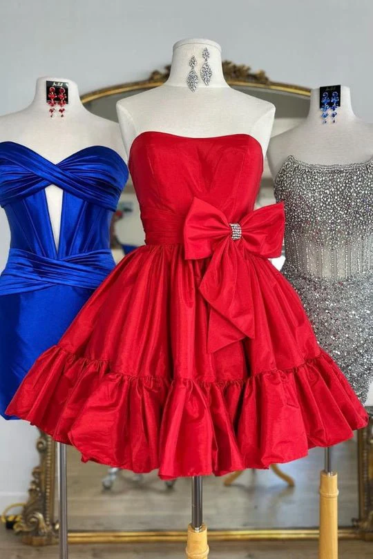 Hinako | Pink Strapless Ruffle Homecoming Dress with Bow