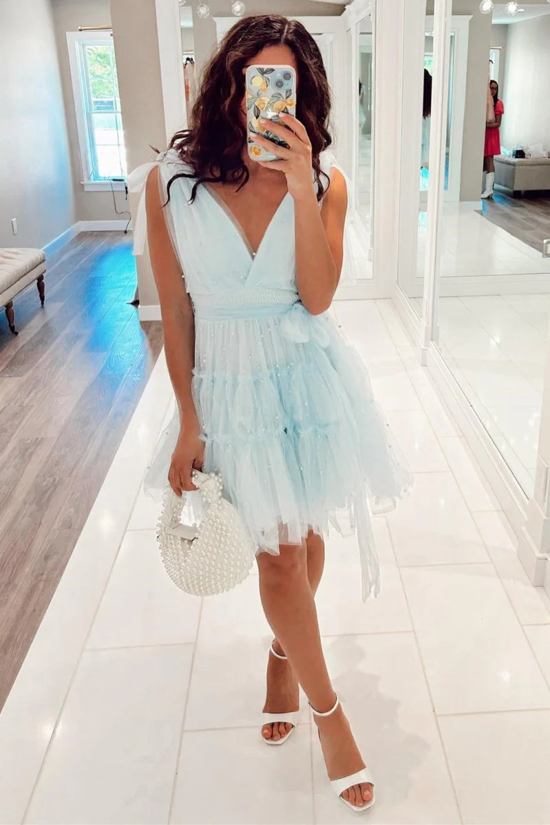 Lennon | Blush Tulle A-Line Homecoming Dress with Pearls