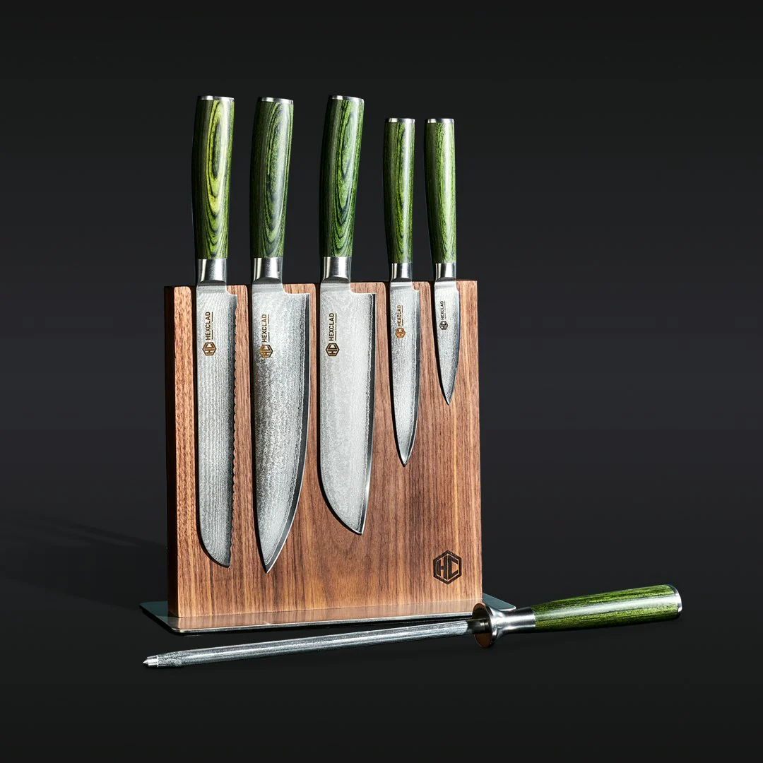 Damascus Steel Knife Set, 7-pc (Green)