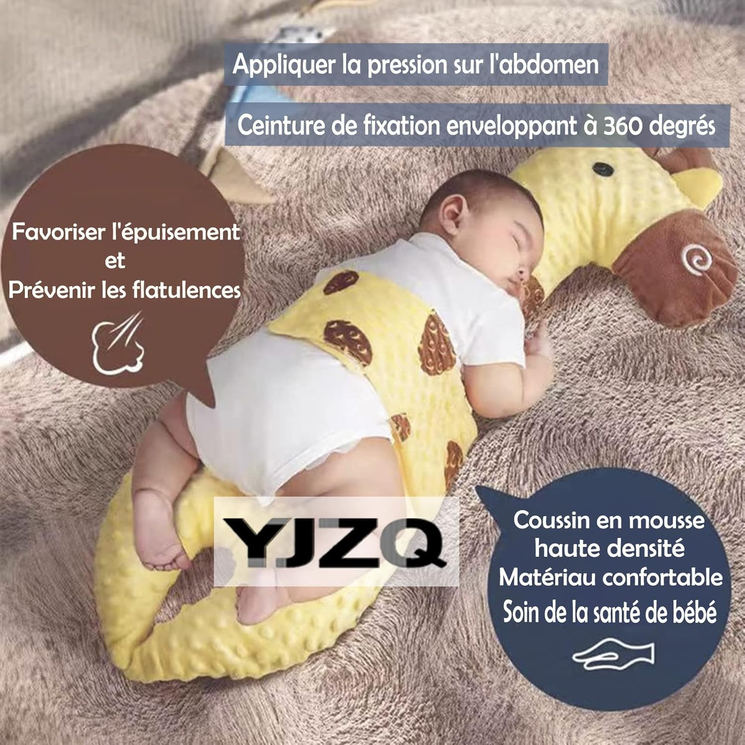 Baby Pillow with Belt Pillow Anti-Roll Baby Ear Bed Bar Girl Boy Soft Toy Sleeping Aid Giraffe Cushion Calming Newborn Side Cushion Calf Yellow 80 x 25 cm