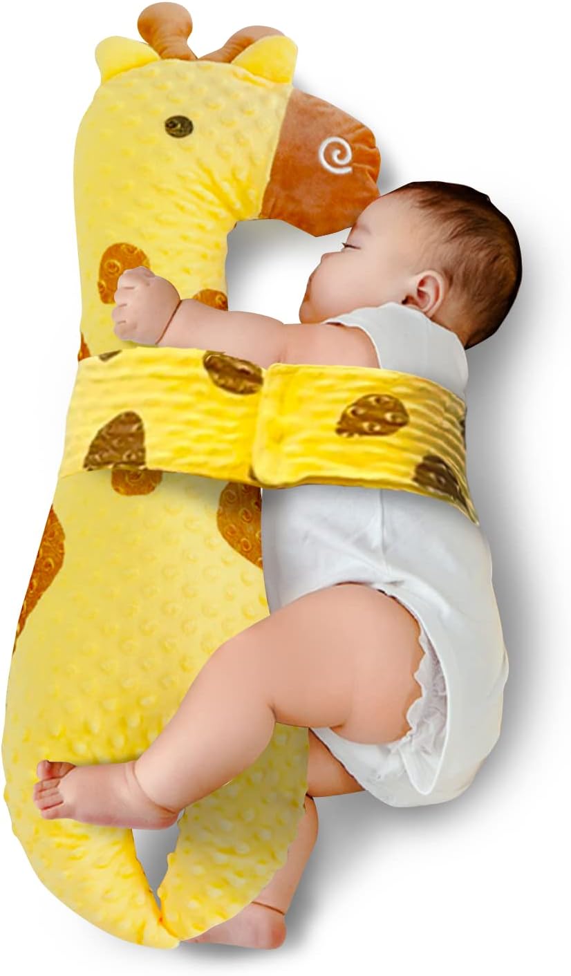 Baby Pillow with Belt Pillow Anti-Roll Baby Ear Bed Bar Girl Boy Soft Toy Sleeping Aid Giraffe Cushion Calming Newborn Side Cushion Calf Yellow 80 x 25 cm