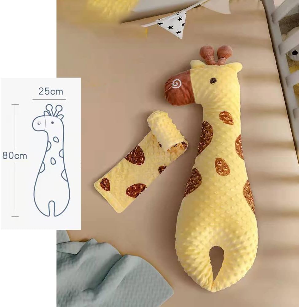 Baby Pillow with Belt Pillow Anti-Roll Baby Ear Bed Bar Girl Boy Soft Toy Sleeping Aid Giraffe Cushion Calming Newborn Side Cushion Calf Yellow 80 x 25 cm