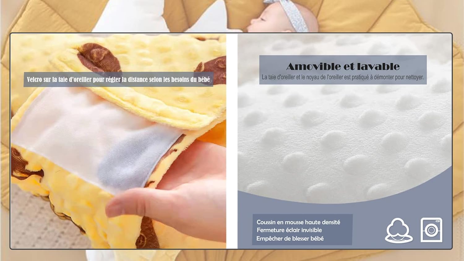 Baby Pillow with Belt Pillow Anti-Roll Baby Ear Bed Bar Girl Boy Soft Toy Sleeping Aid Giraffe Cushion Calming Newborn Side Cushion Calf Yellow 80 x 25 cm