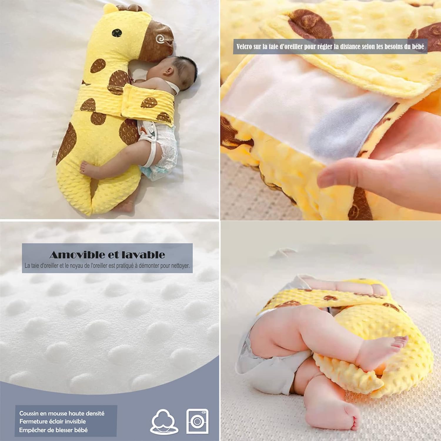 Baby Pillow with Belt Pillow Anti-Roll Baby Ear Bed Bar Girl Boy Soft Toy Sleeping Aid Giraffe Cushion Calming Newborn Side Cushion Calf Yellow 80 x 25 cm