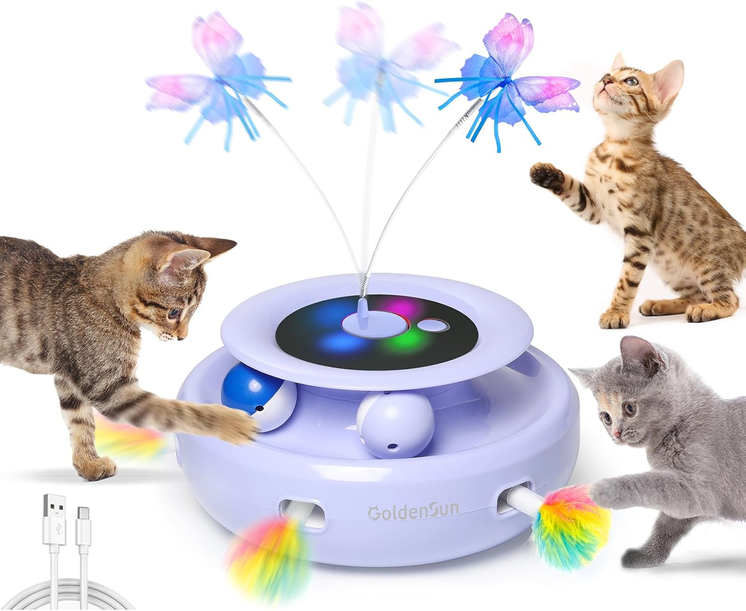 GoldenSun Cat Toy, 3 in 1 Electric Interactive Cat Toy, Whack-A-Mole, Floating Butterfly, Ball Included, USB Rechargeable Cat Toy with 4 Accessories
