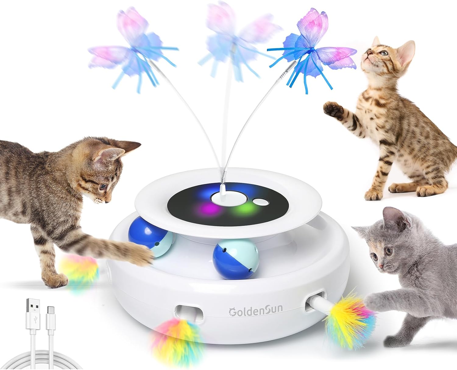 GoldenSun Cat Toy, 3 in 1 Electric Interactive Cat Toy, Whack-A-Mole, Floating Butterfly, Ball Included, USB Rechargeable Cat Toy with 4 Accessories