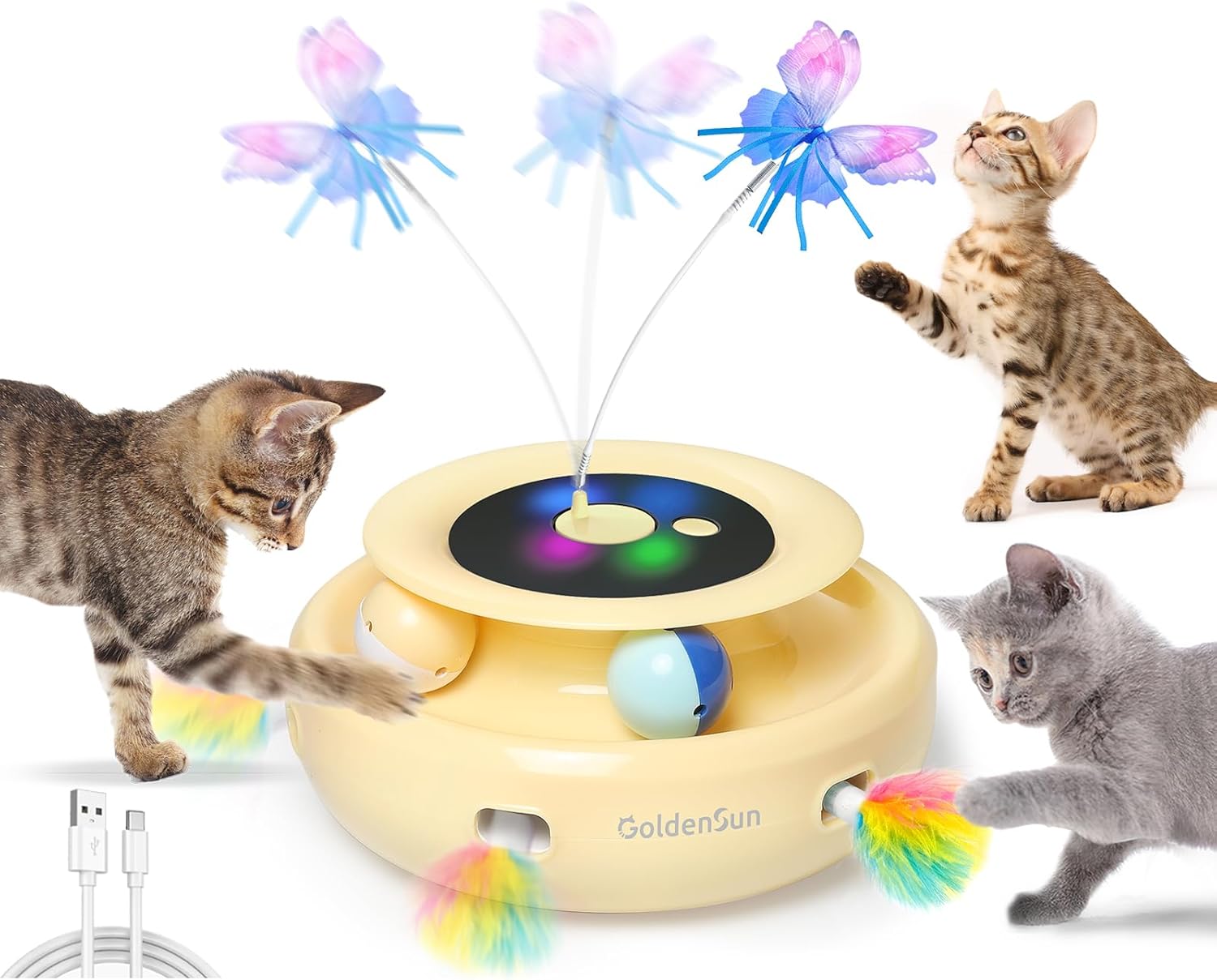GoldenSun Cat Toy, 3 in 1 Electric Interactive Cat Toy, Whack-A-Mole, Floating Butterfly, Ball Included, USB Rechargeable Cat Toy with 4 Accessories
