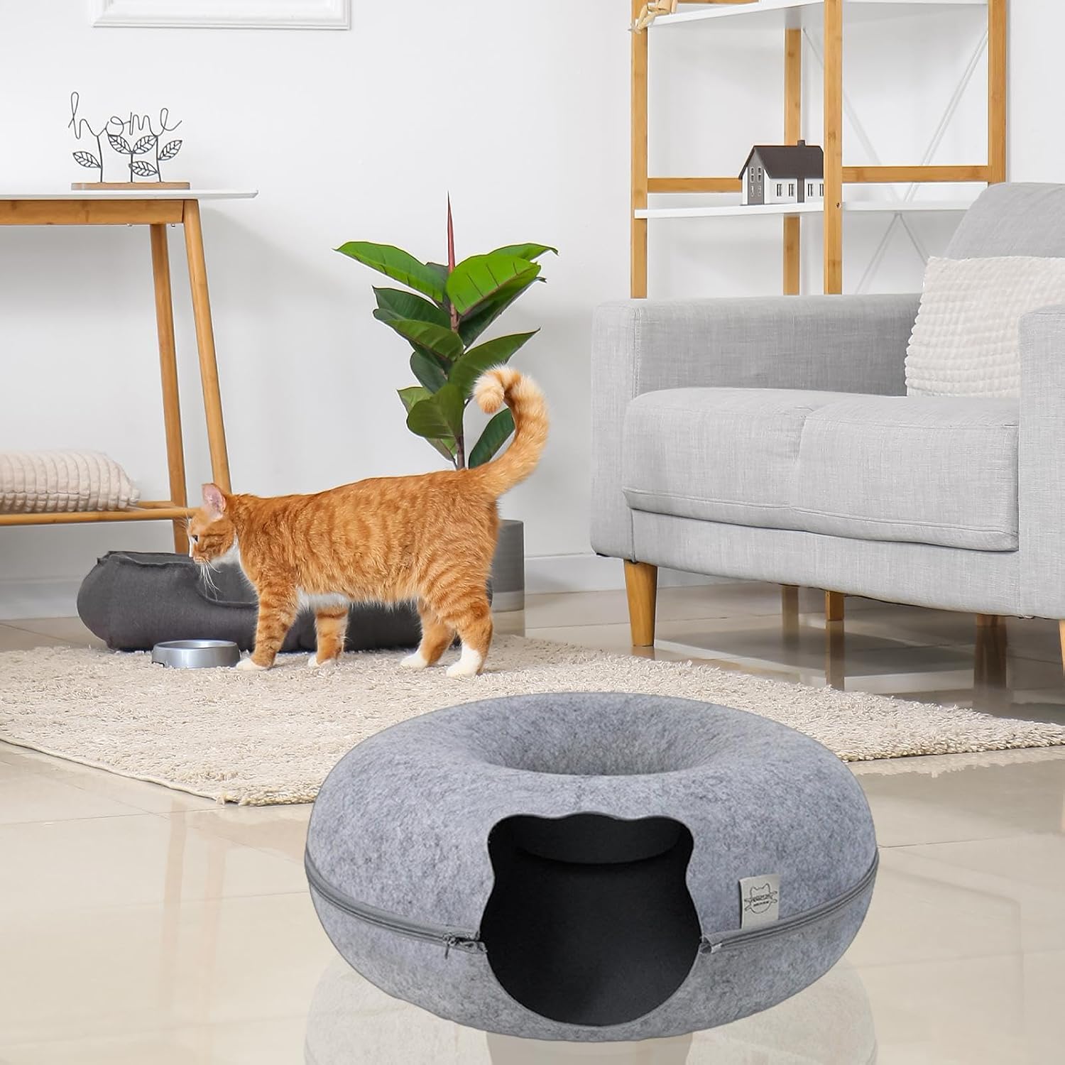 Cat Cave | Felt Donut Cat Cave | Removable Cat Tunnel - Circular Cat Bed - Comfortable Donut Cat Bed - Removable Tunnel for Small