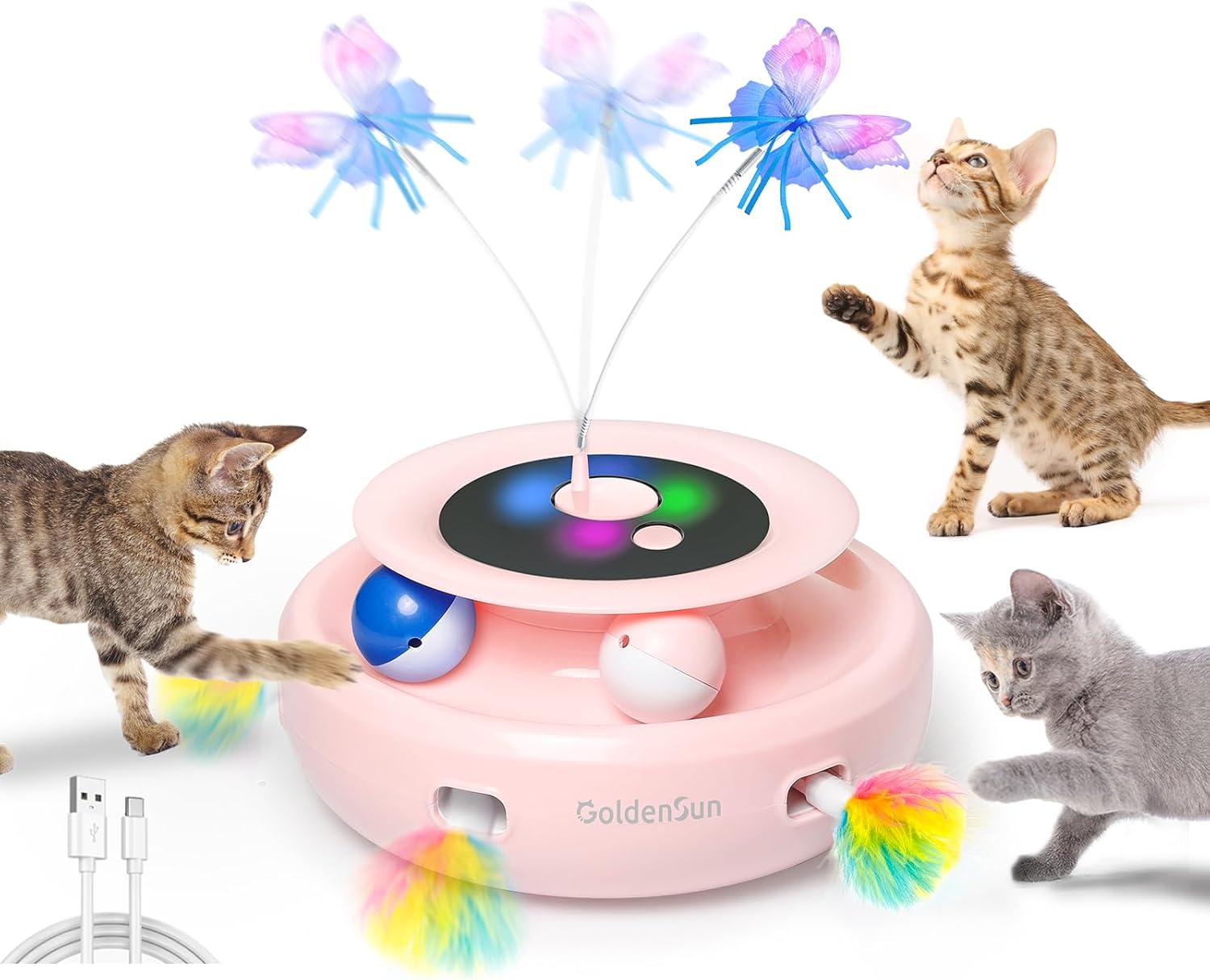 GoldenSun Cat Toy, 3 in 1 Electric Interactive Cat Toy, Whack-A-Mole, Floating Butterfly, Ball Included, USB Rechargeable Cat Toy with 4 Accessories