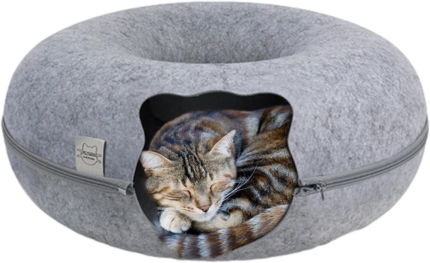Cat Cave | Felt Donut Cat Cave | Removable Cat Tunnel - Circular Cat Bed - Comfortable Donut Cat Bed - Removable Tunnel for Small