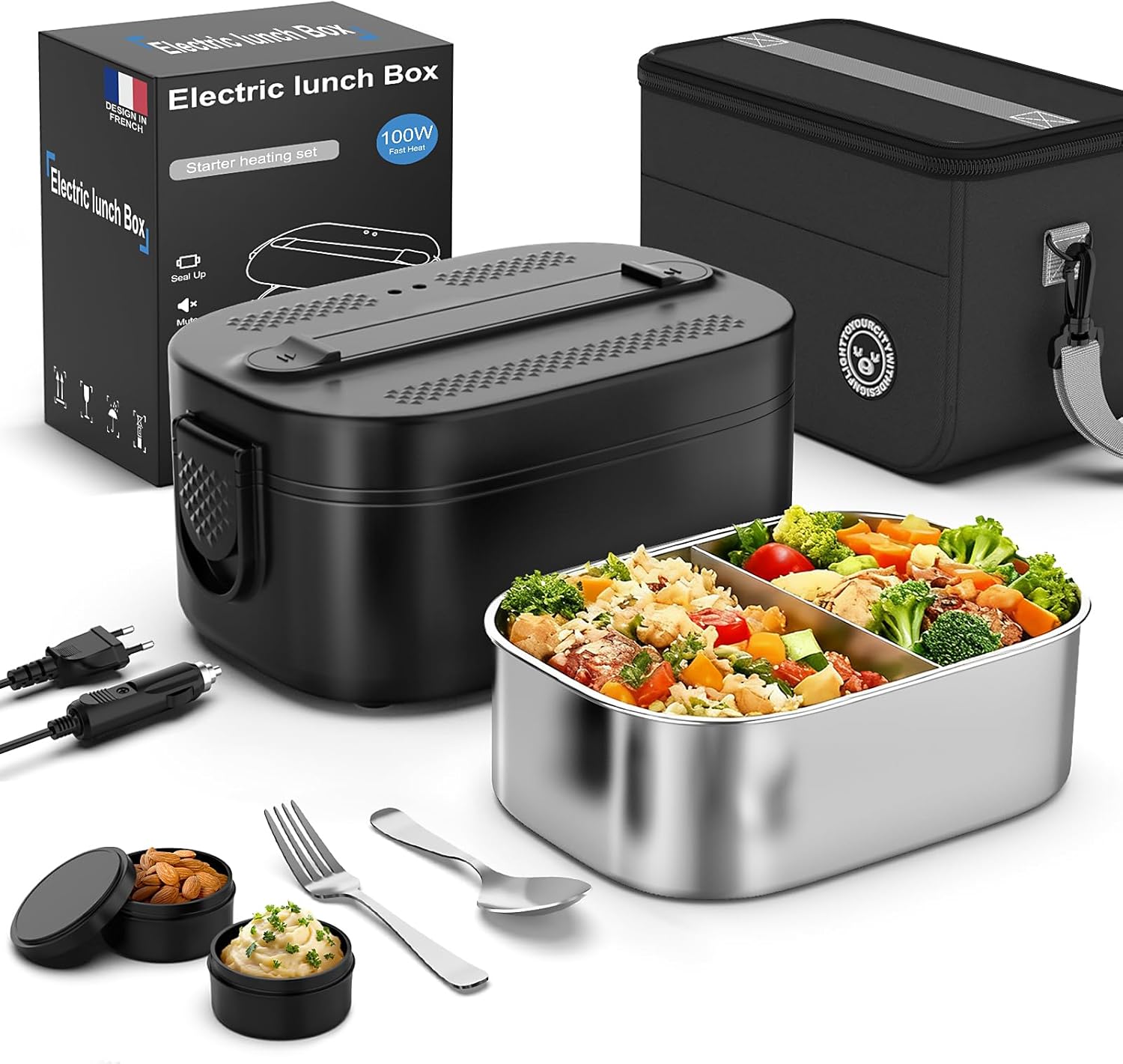 Heated Bowl, 100 W Electric Heated Lunch Box, 1.5 L Insulated Lunch Box for Hot Meals, 12 V/24 V/220 V for Car, Truck, Office, Heated Cigarette Lighter Bowl, Black