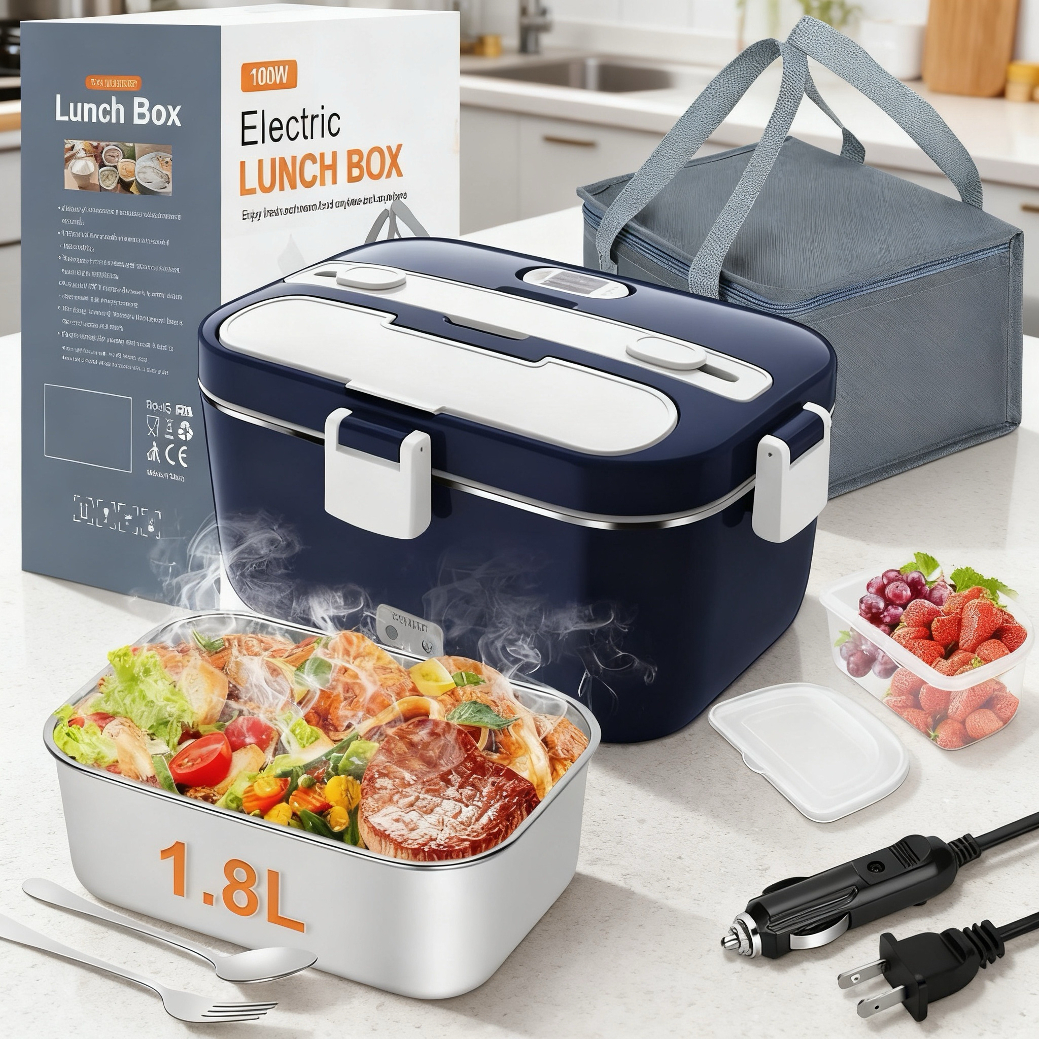 [Buy one get one free] Electric Lunch Box Food Warmer – 100W Fast Heating 1.8L Portable Heated Lunchbox for Car, Work & Travel (12V/24V/110–230V)