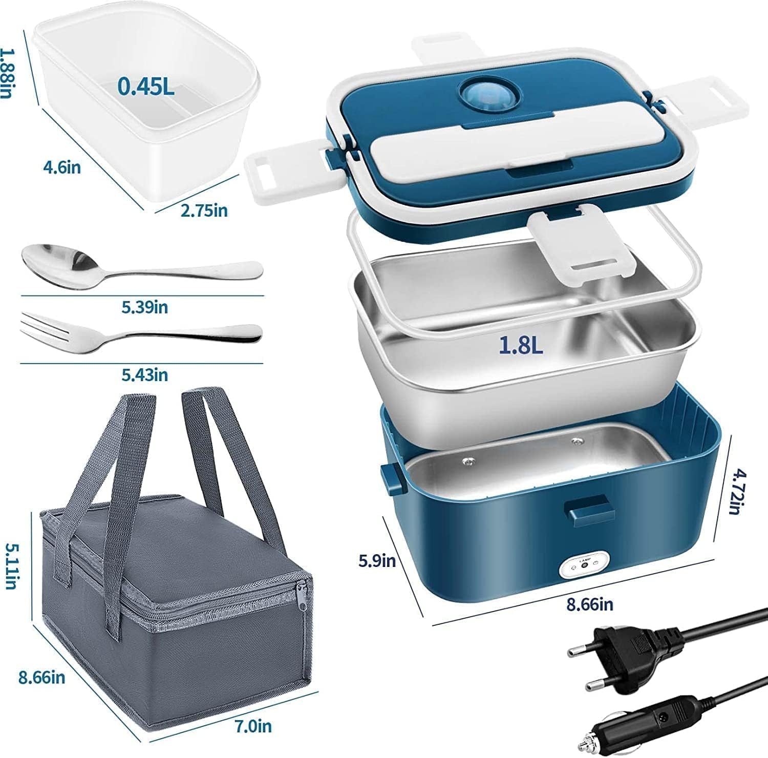 100 W Electric Heating Bowl 1.8 L Fast Heating 12 V/24 V, 220 V/240 V, Electric Heated Lunch Box for Home and Car Easy to Clean, with Constant Temperature Insulation Bag