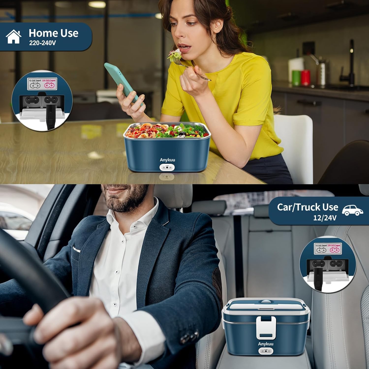 100 W Electric Heating Bowl 1.8 L Fast Heating 12 V/24 V, 220 V/240 V, Electric Heated Lunch Box for Home and Car Easy to Clean, with Constant Temperature Insulation Bag