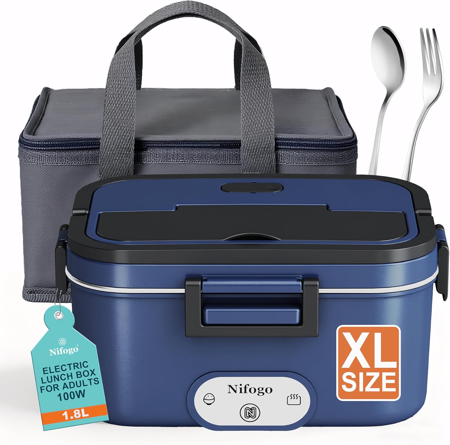 Nifogo 100 W Electric Heated Lunch Box 12 V/24 V/230 V 1.8 L Lunch Box for Children/Adults for Office, School, Travel, Car, with Grey Insulation Bag (Blue)