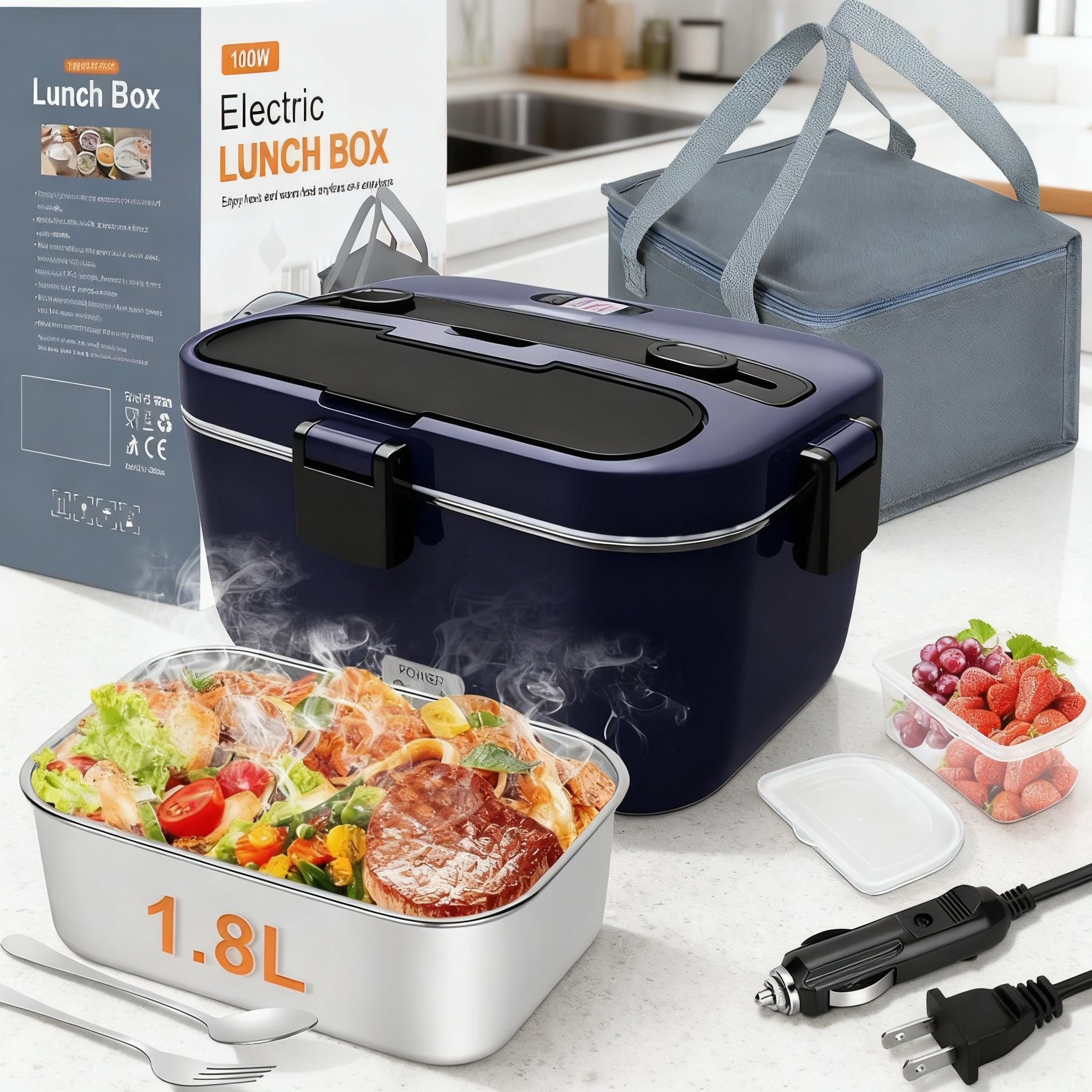 [Buy one get one free] Electric Lunch Box Food Warmer – 100W Fast Heating 1.8L Portable Heated Lunchbox for Car, Work & Travel (12V/24V/110–230V)