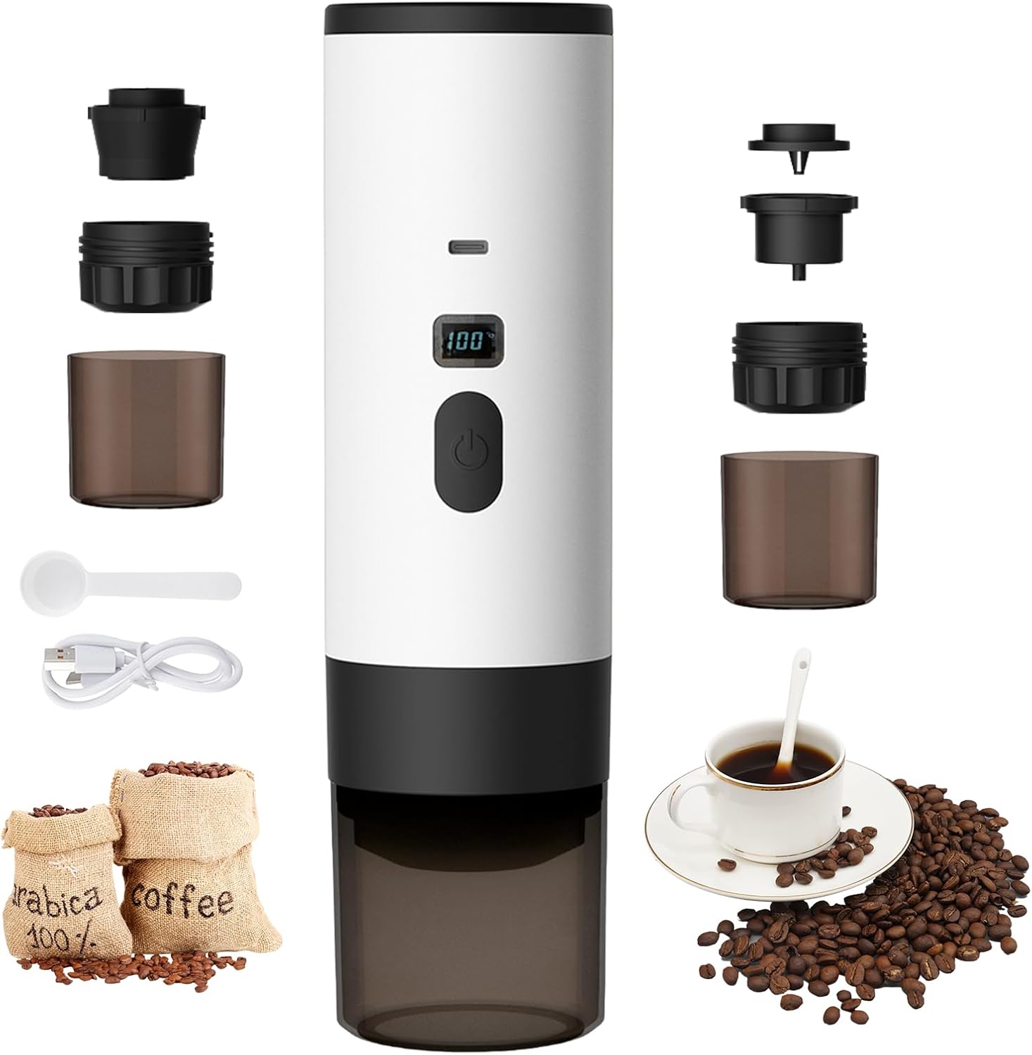 3 in 1 Portable Coffee Maker, 72W Portable Coffee Maker, 12V Espresso Coffee Maker, Rechargeable USB Espresso Coffee Makers, 90ml Water Tank, for Office Camping Car Travel (Khaki)