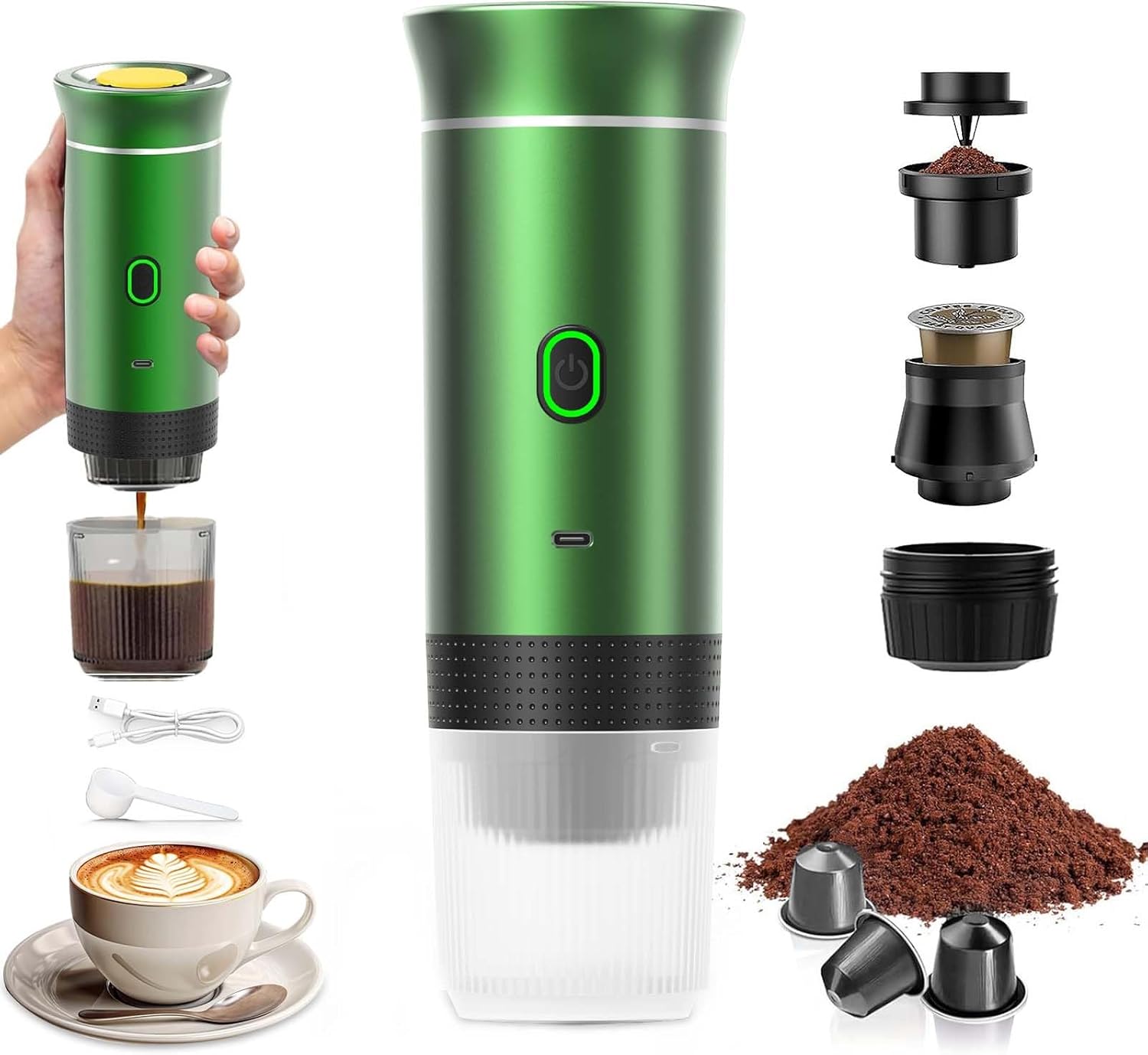 VHV Portable Coffee Machine, 3 in 1 Electric Electric Heater, 12 V Espresso Coffee Maker, Rechargeable Coffee Maker, for Office, Travel, Home, Compatible with Espresso Capsules and Ground Coffee