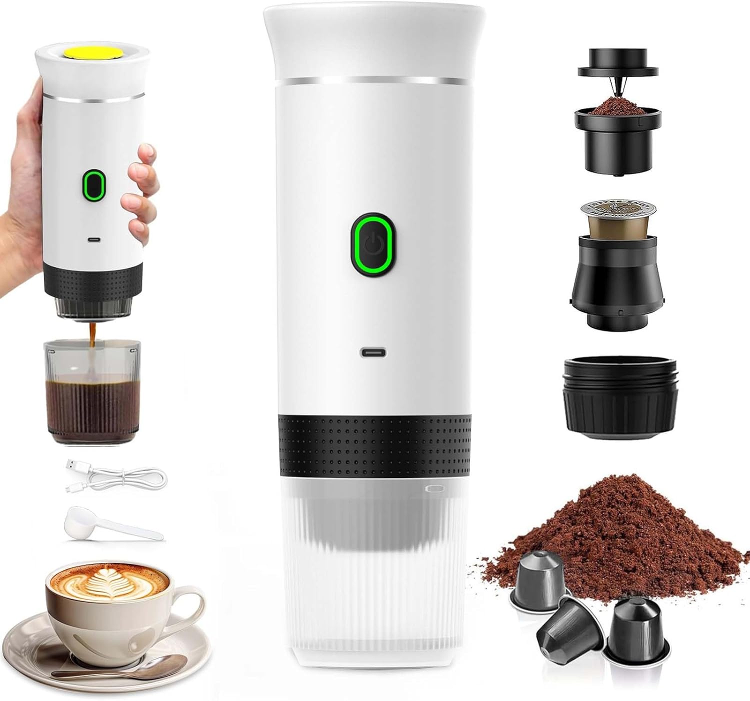 VHV Portable Coffee Machine, 3 in 1 Electric Electric Heater, 12 V Espresso Coffee Maker, Rechargeable Coffee Maker, for Office, Travel, Home, Compatible with Espresso Capsules and Ground Coffee