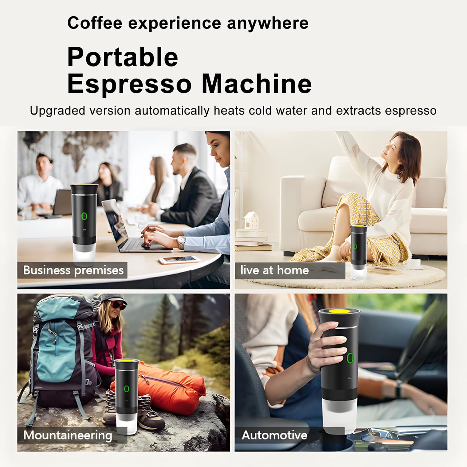 Winwj Portable Coffee Machine, Portable Electric Coffee Maker, 12V Espresso Machine for Camping, Travel and Car, Self-Warming, Compatible with Ground Coffee and NS Capsules