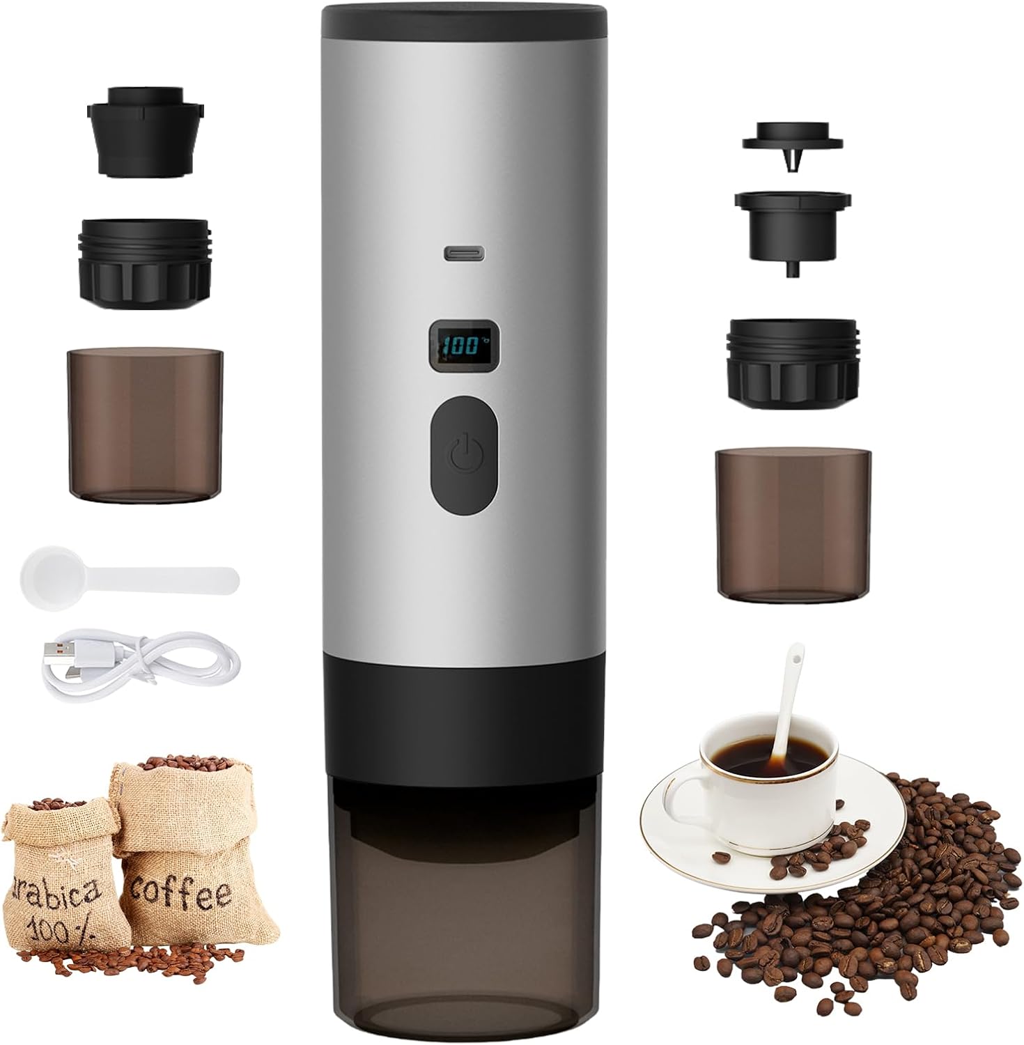 3 in 1 Portable Coffee Maker, 72W Portable Coffee Maker, 12V Espresso Coffee Maker, Rechargeable USB Espresso Coffee Makers, 90ml Water Tank, for Office Camping Car Travel (Khaki)