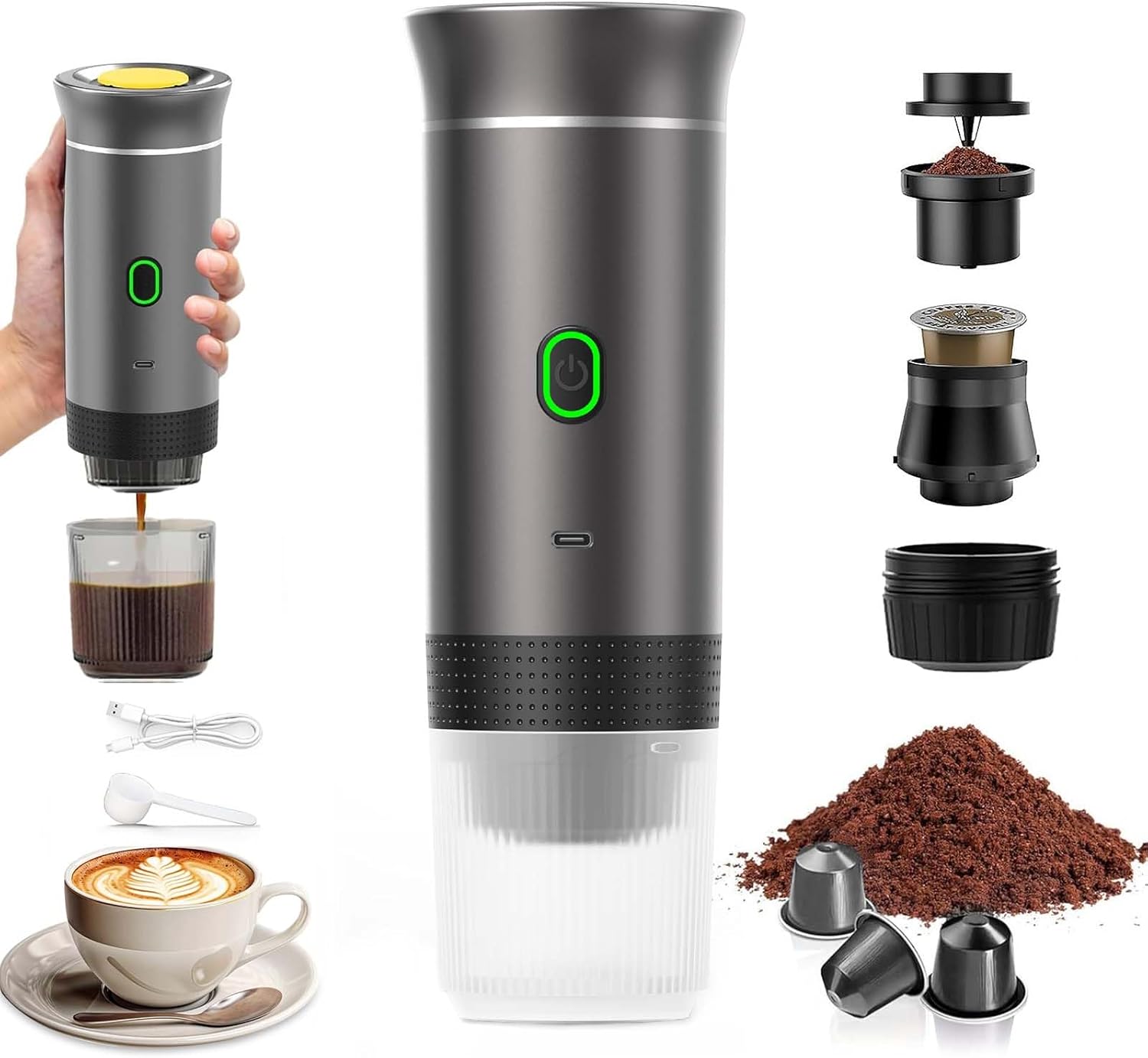 VHV Portable Coffee Machine, 3 in 1 Electric Electric Heater, 12 V Espresso Coffee Maker, Rechargeable Coffee Maker, for Office, Travel, Home, Compatible with Espresso Capsules and Ground Coffee