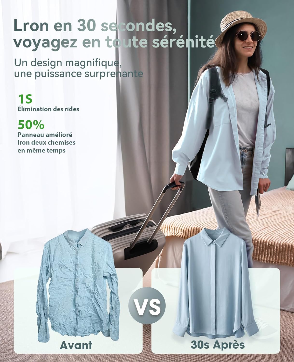 [Buy one get one free] Travel Garment Steamer, Worldwide Use (100-240V), 1000W, 22g/min Steam Vertical Iron, Large 150ml Water Tank, 2 in 1 Steamer Fast Heating in 15s Green