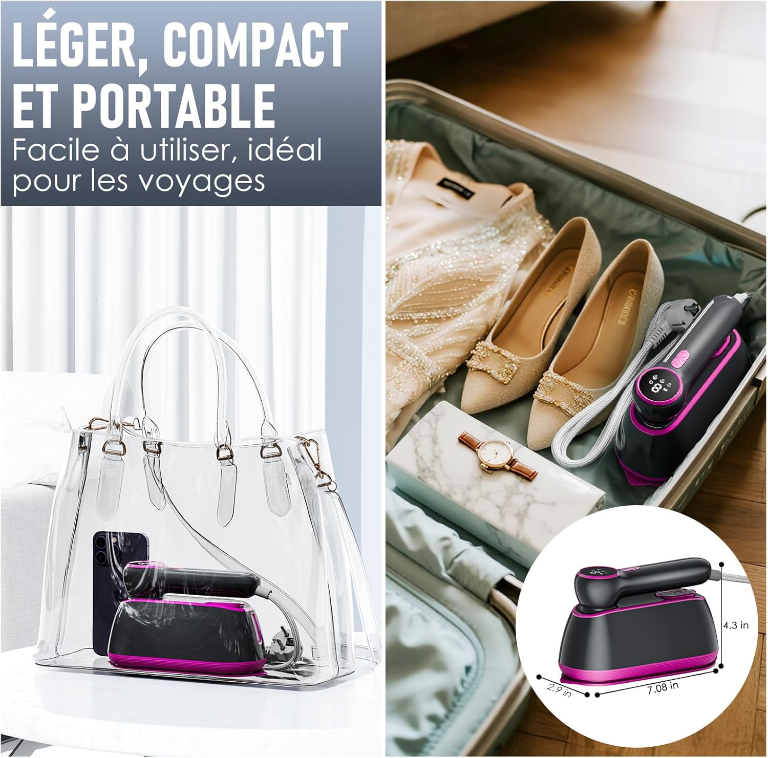 2 in 1 Portable Garment Steamer - Hand Steamer - Travel Iron 1200W Lightweight (0.8kg) - 3 Steam Modes, 165ml Tank and LED Display - Ideal Home & Travel