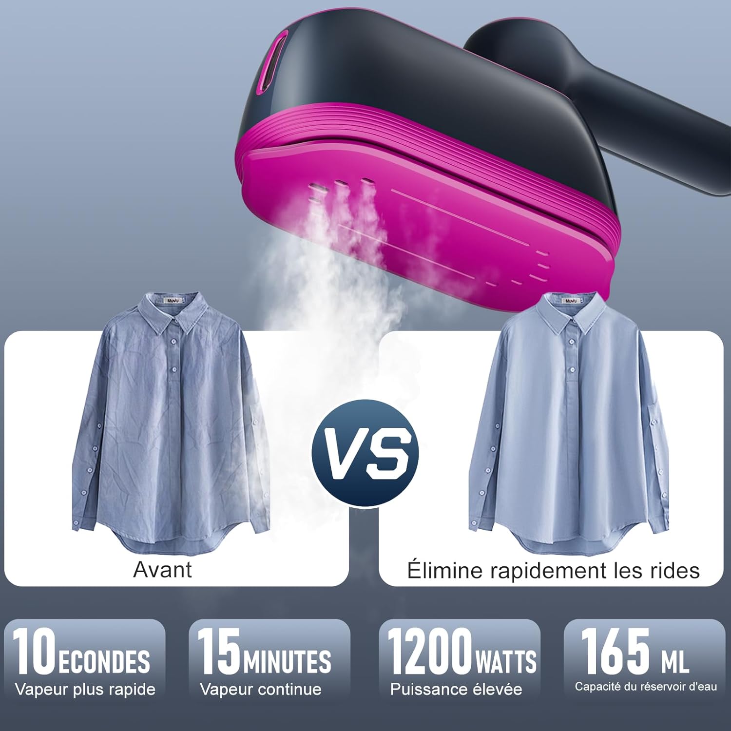 2 in 1 Portable Garment Steamer - Hand Steamer - Travel Iron 1200W Lightweight (0.8kg) - 3 Steam Modes, 165ml Tank and LED Display - Ideal Home & Travel