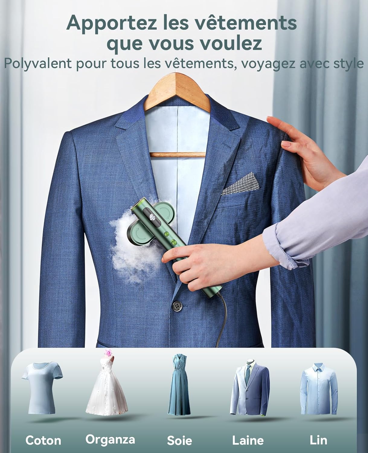 [Buy one get one free] Travel Garment Steamer, Worldwide Use (100-240V), 1000W, 22g/min Steam Vertical Iron, Large 150ml Water Tank, 2 in 1 Steamer Fast Heating in 15s Green