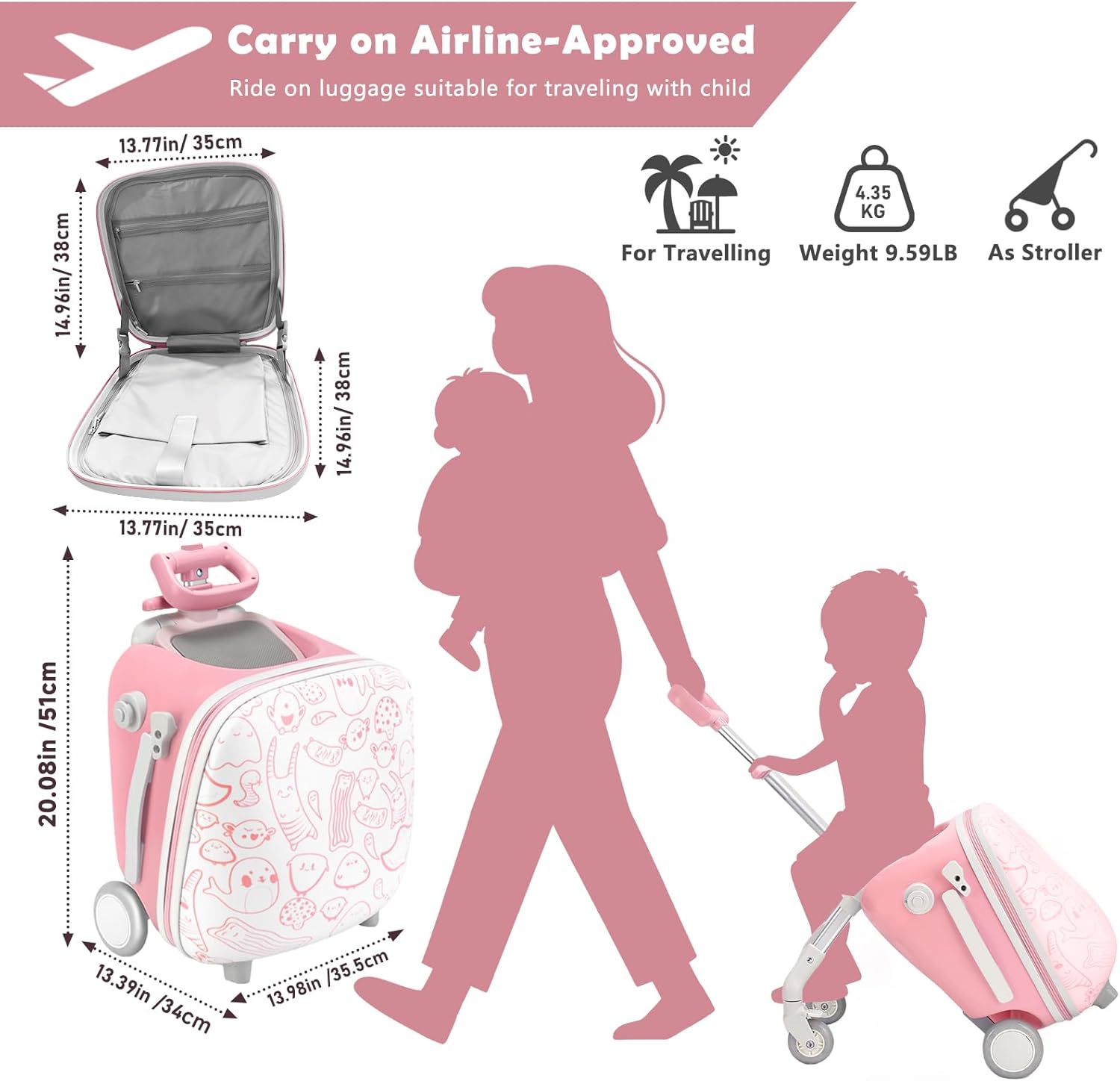 Kids Ride-On Suitcase – 2-in-1 Lightweight Carry-On Luggage with 360° Spinner Wheels, Durable Travel Trolley for Boys & Girls (Up to 50KG)