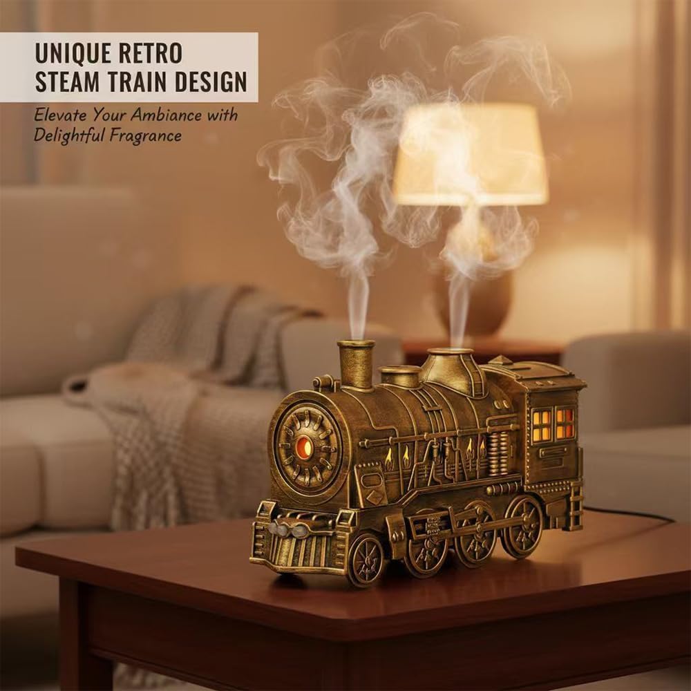 [Buy one get one free] 300ML Vintage Steam Train Essential Oil Diffuser & Humidifier | Train-Shaped Aroma Diffuser with 2-Color LED Light, 2 Mist Modes, Auto Shut-Off | Home, Bedroom & Office Decor (Black)