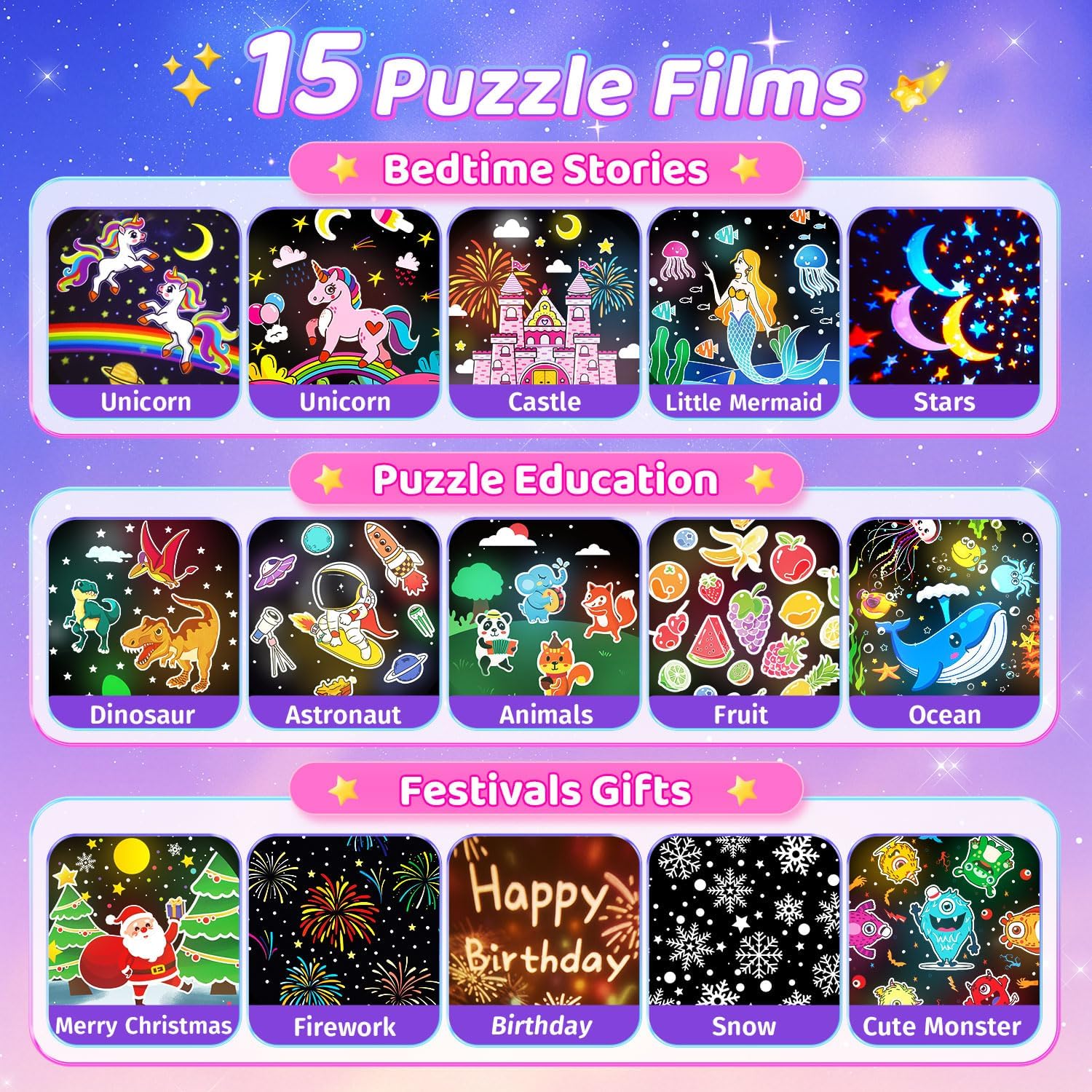 [Buy one get one free]  Night Light for Kids Gifts, 15 Sound Machine Baby Night Light, 15 Films Star Projector for Kids Room Decor, Brightness Unicorn Light Projector for Toddler Girl Toys Toddler Girl Gifts Age 1-5