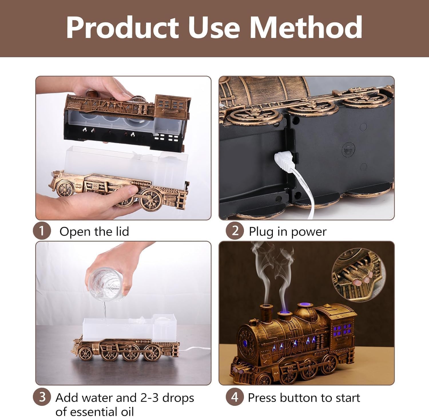 [Buy one get one free] 300ML Vintage Steam Train Essential Oil Diffuser & Humidifier | Train-Shaped Aroma Diffuser with 2-Color LED Light, 2 Mist Modes, Auto Shut-Off | Home, Bedroom & Office Decor (Black)