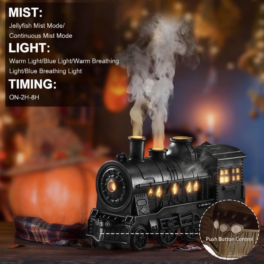 [Buy one get one free] 300ML Vintage Steam Train Essential Oil Diffuser & Humidifier | Train-Shaped Aroma Diffuser with 2-Color LED Light, 2 Mist Modes, Auto Shut-Off | Home, Bedroom & Office Decor (Black)