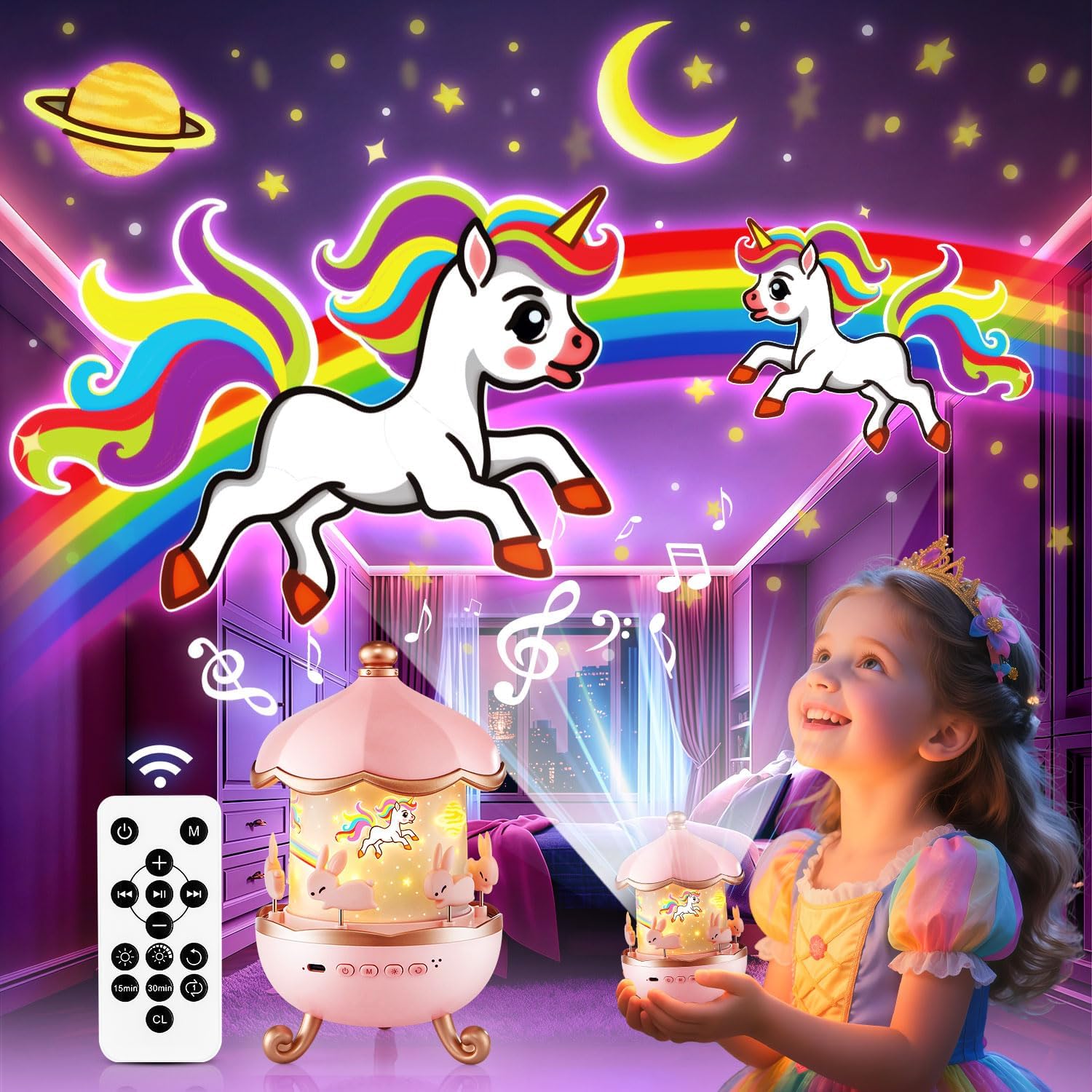 [Buy one get one free]  Night Light for Kids Gifts, 15 Sound Machine Baby Night Light, 15 Films Star Projector for Kids Room Decor, Brightness Unicorn Light Projector for Toddler Girl Toys Toddler Girl Gifts Age 1-5