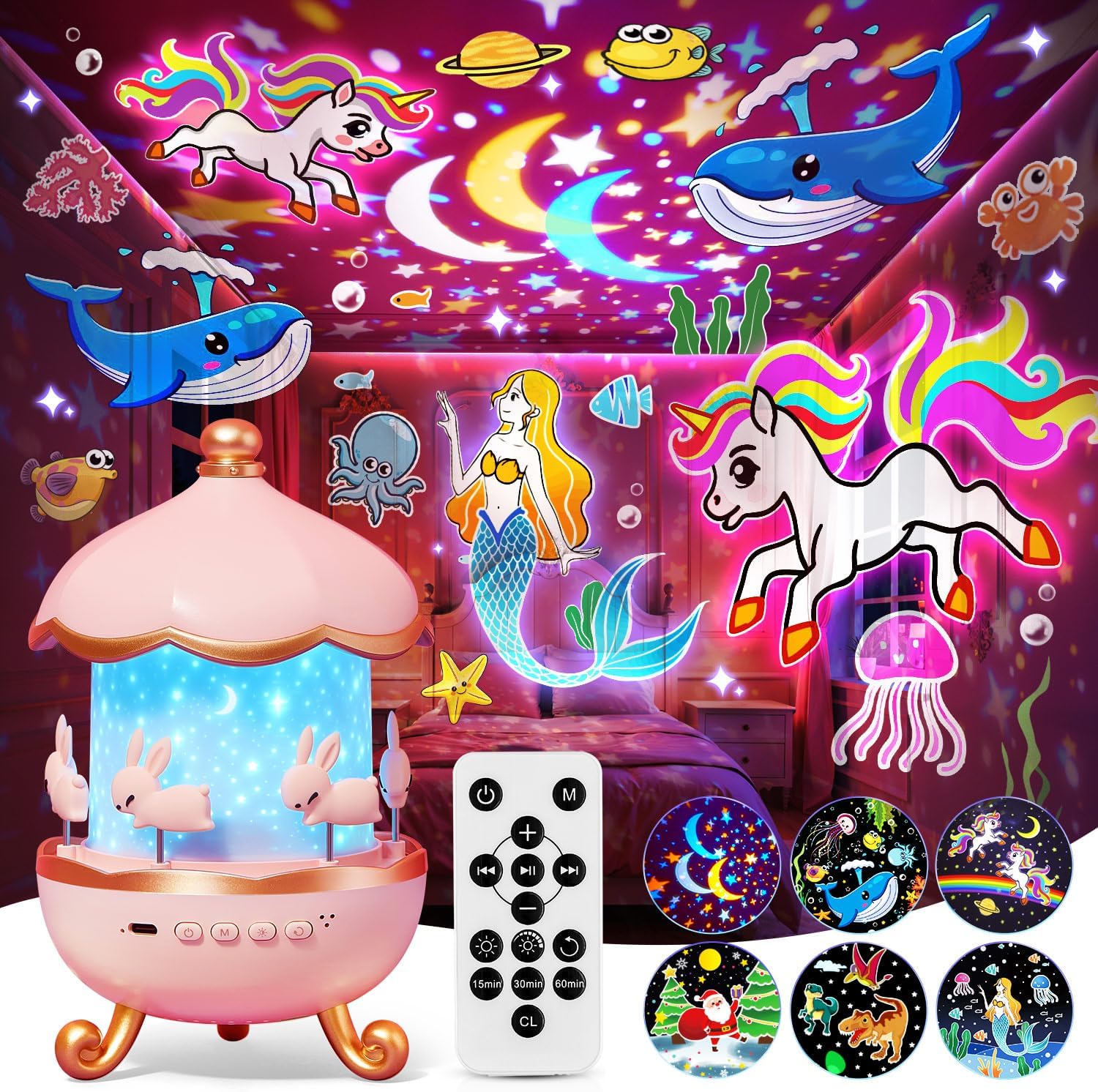 [Buy one get one free]  Night Light for Kids Gifts, 15 Sound Machine Baby Night Light, 15 Films Star Projector for Kids Room Decor, Brightness Unicorn Light Projector for Toddler Girl Toys Toddler Girl Gifts Age 1-5