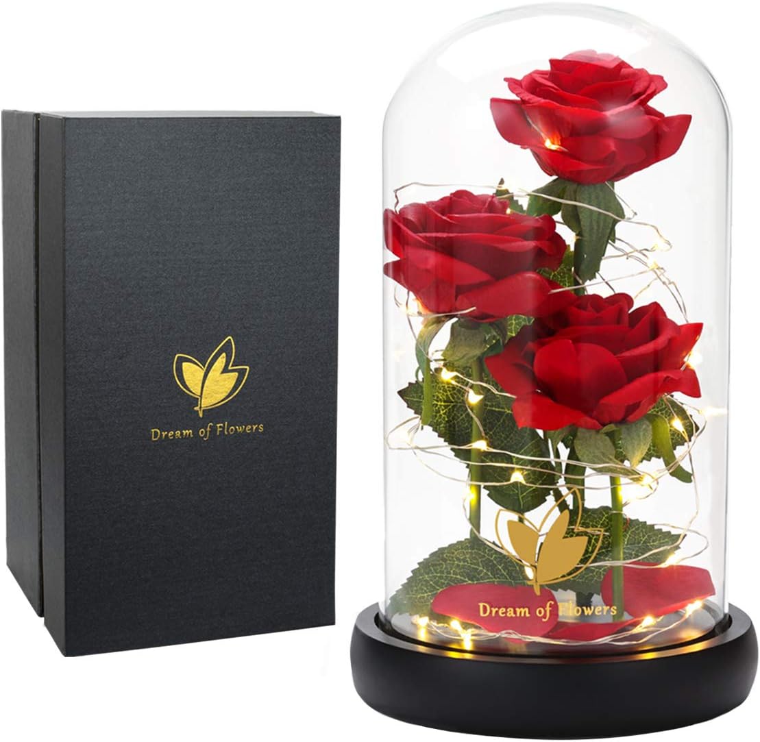 [Buy one get one free] Colorful Rainbow Rose in Glass Dome with LED Lights | Galaxy Flower Decor with Dual Light Modes | Romantic Valentine’s & Birthday Gift for Women