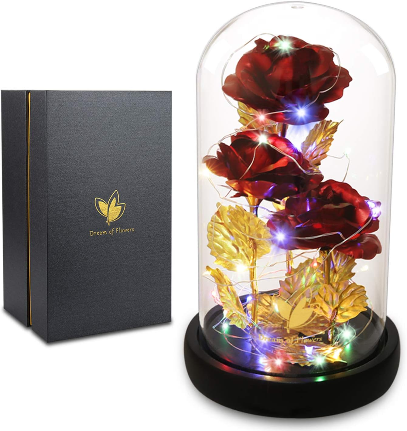 [Buy one get one free] Colorful Rainbow Rose in Glass Dome with LED Lights | Galaxy Flower Decor with Dual Light Modes | Romantic Valentine’s & Birthday Gift for Women